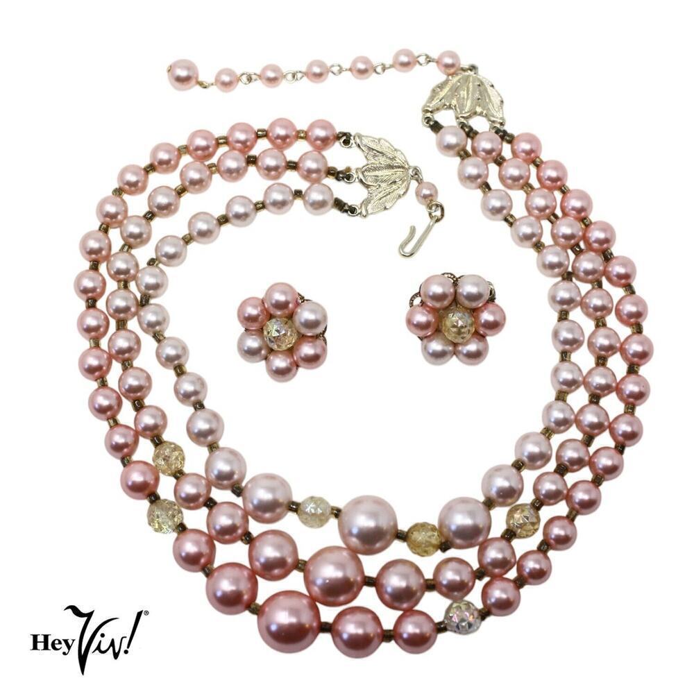 Vintage 3 Strand Pink Bead Necklace Clip On Earring Set in Original Box Japan